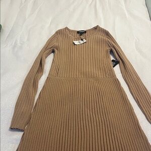 Express Camel Ribbed Long Sleeve Dress